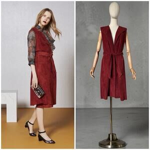 LK Bennett Size S Riley Suede 100% Leather Waistcoat Wrap Dress Cinnamon Red